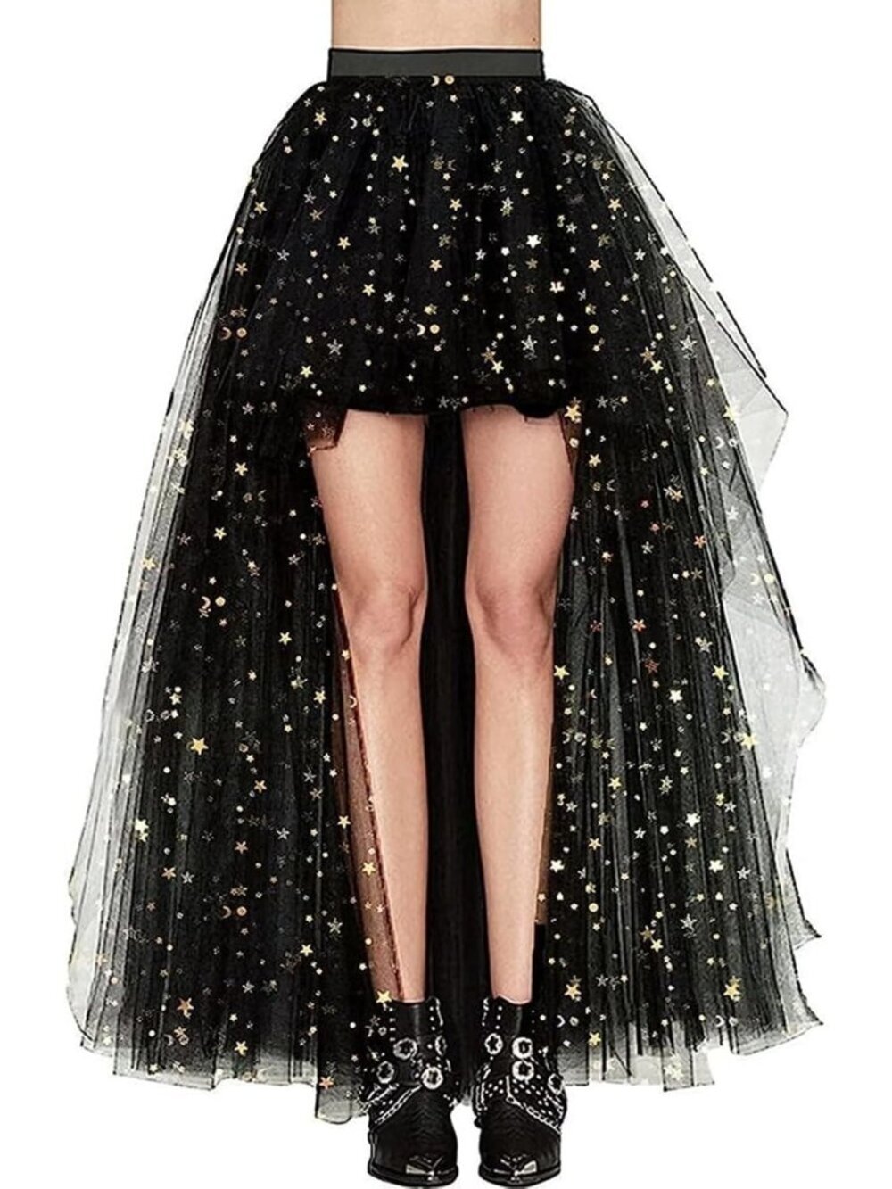 Women's Black Sequins Hi-Lo Long Tutu Tulle Bustle Elastic Imported Waist Skirt
